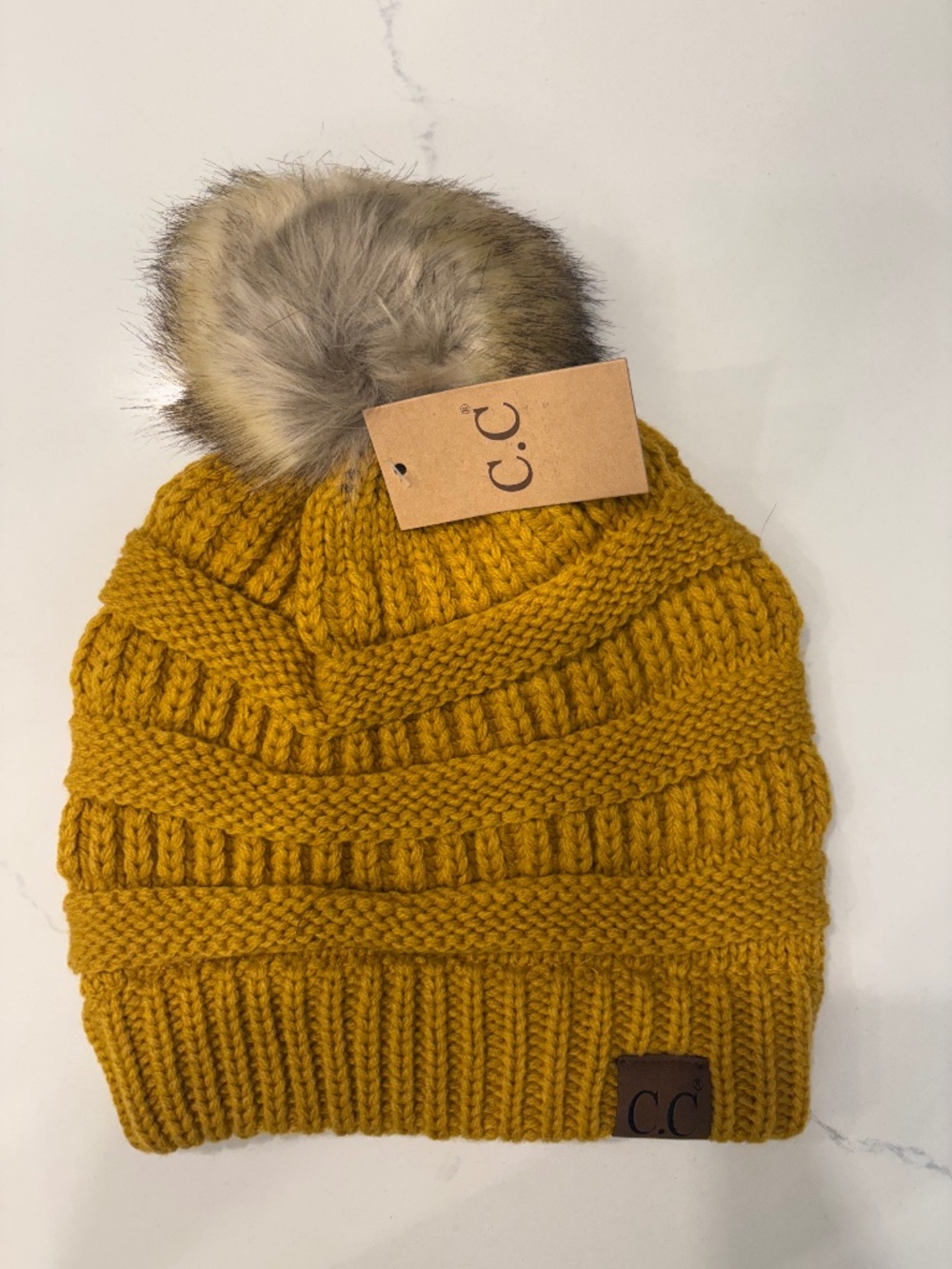 C.C Mustard Ribbed Hat With Faux Fur Pom